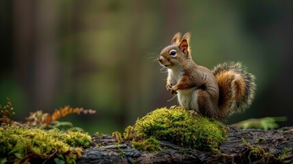 A curious squirrel explores a moss-covered log in a lush forest during a serene morning