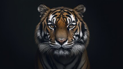 Fototapeta premium A fierce and majestic tiger gazes directly into the camera, showcasing its powerful presence in a dark studio setting