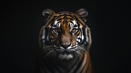 Fototapeta premium A fierce and majestic tiger gazes directly into the camera, showcasing its powerful presence in a dark studio setting