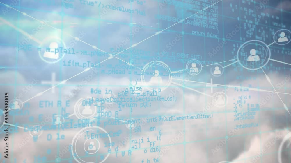 Poster network of connections and data processing animation over cloudy sky background