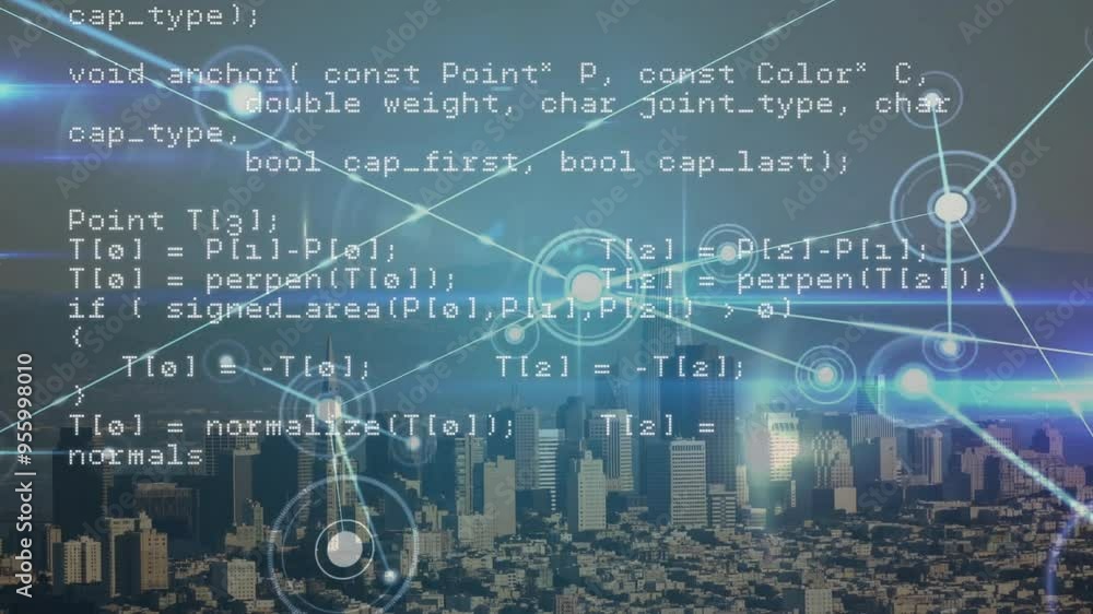 Poster programming code and network connections animation over cityscape
