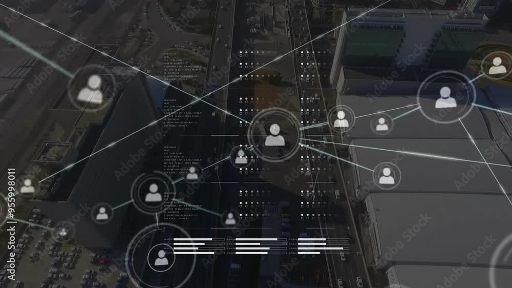 Poster network of connections and data processing animation over cityscape