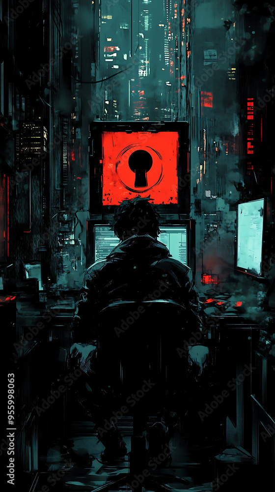 Poster hacker at a computer in a dark cityscape with a red lock icon on screen