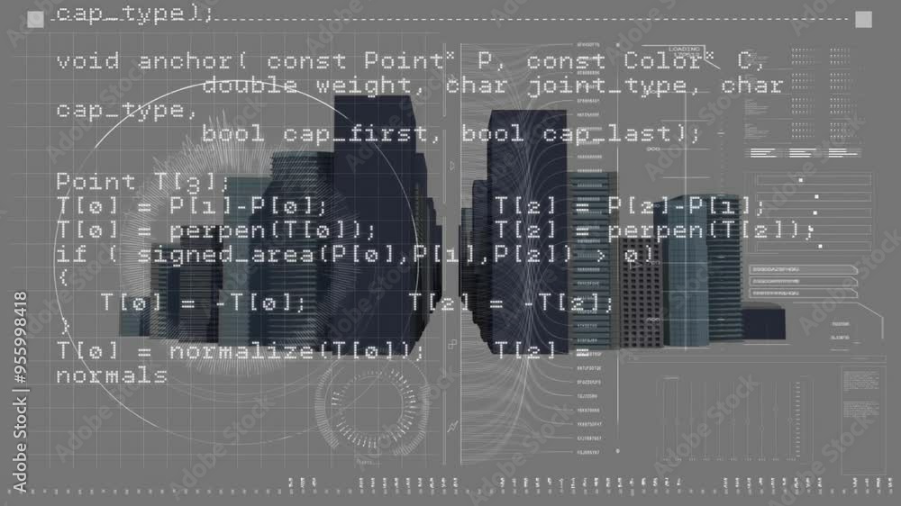 Poster Computer code and mathematical formulas animation over cityscape background