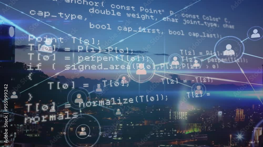 Poster programming code and network connections animation over cityscape at night