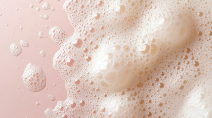 Close-up illustration of beige soap bubbles forming a foamy texture on a pink background. Skincare cosmetic product. Clean and hygiene