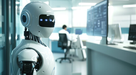A robot volunteering a modern hospital, surrounded by doctors working. The setting is bright and high-tech, representing medical innovation.