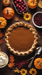 A warm fall-themed table setting with pumpkin pie autumn leaves pumpkins and whipped cream.