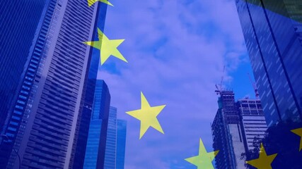 European Union stars animation over skyscrapers and construction site - Powered by Adobe