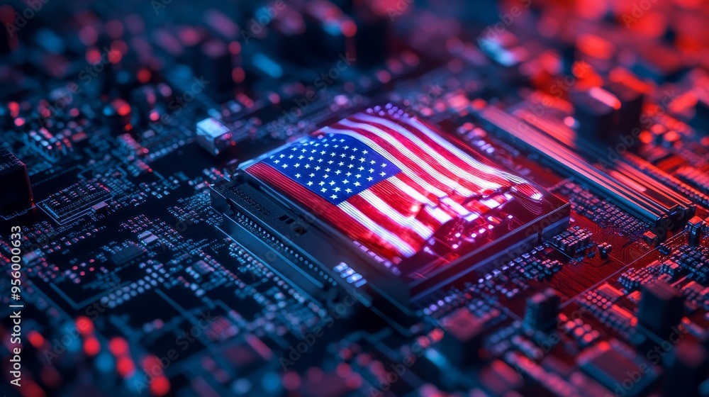 Poster a close-up image of an american flag printed on a computer chip, symbolizing the power and influence