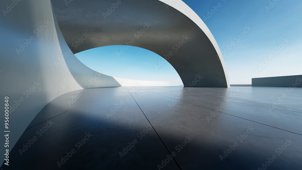 Aufkleber 3d render of abstract curve structure futuristic architecture with empty concrete floor