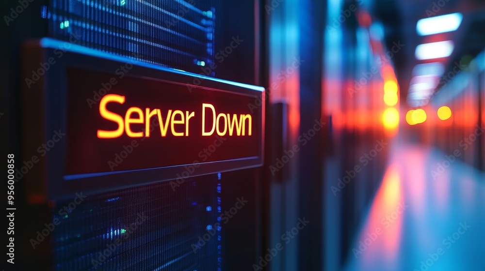 Poster a close-up shot of a server rack in a modern data center, with a red 