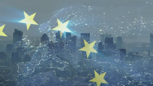 European Union stars animation over city skyline and illuminated map of Europe