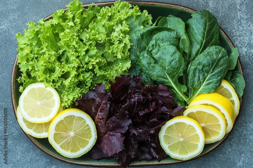 Wall mural dark leafy greens arranged on a plate with lemon slices, rich in vitamins, brain-boosting meal.