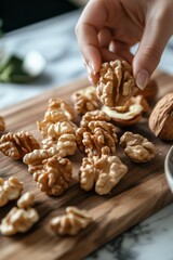 Obraz premium Hand cracking walnuts open on a wooden board, natural brain food, rich in healthy fats.