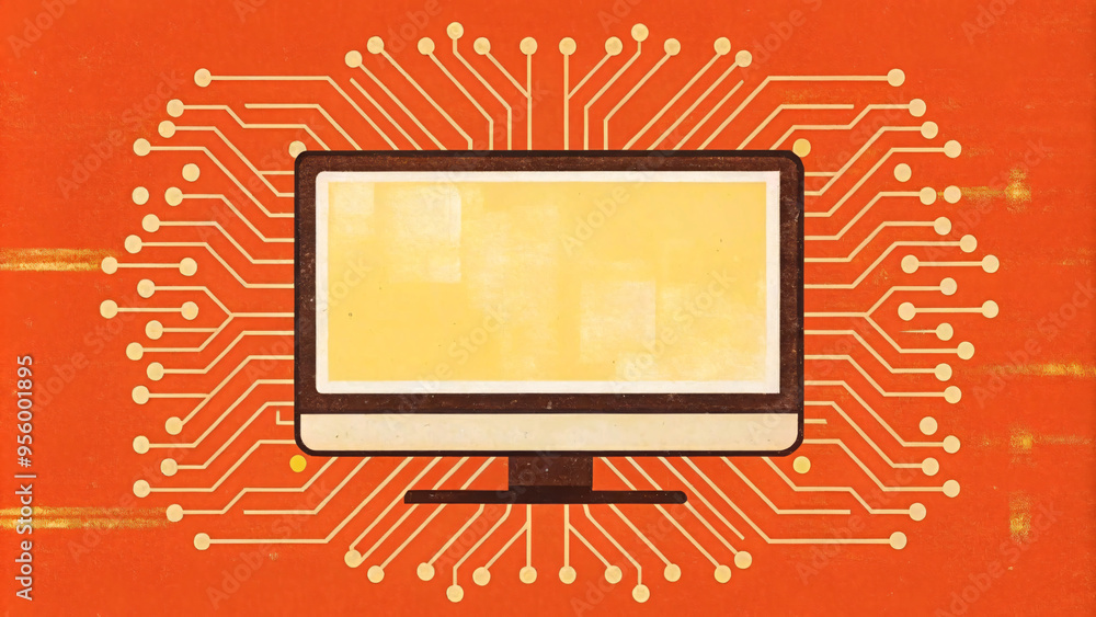 Wall mural flat vector illustration of a blank computer monitor with a circuit board inside, suitable for techn