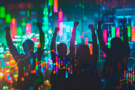 Traders celebrating a market boom with rising financial data and colorful graphs