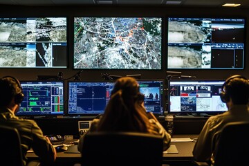 A team in a command center rapidly coordinating during a crisis. Monitors display real-time updates and strategies