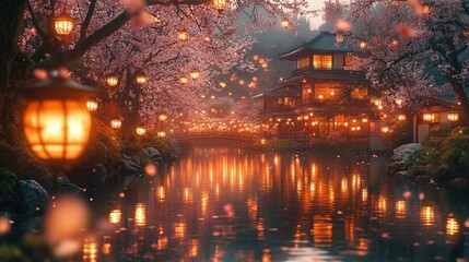 A tranquil evening in a Japanese garden, with lanterns softly glowing and the scent of cherry blossoms in the air