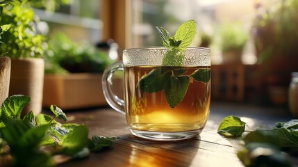 Freshly brewed herbal tea with a sprig of mint, brain-boosting beverage, calming and healthy.