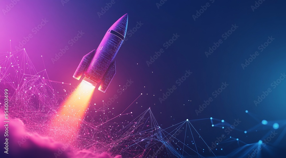Poster a futuristic rocket takes off through a digital network of interconnected dots, symbolizing progress