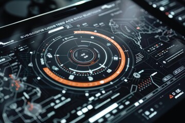 Obraz premium Futuristic digital interface with data visualization on a high-tech screen, showcasing advanced technology and innovation.