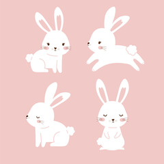 Cartoon bunny rabbits collection. Vector illustration of cute cartoon bunny in different poses and actions: sitting, jumping laying.