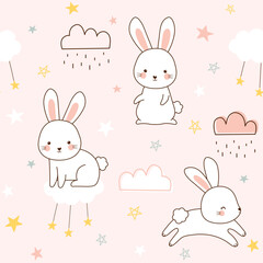 Seamless pastel cute bunny cloud on pink background. Childish spring rabbit in the sky pattern design. Vector illustration for print.