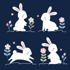 Several rabbits in various poses. Cute spring easter rabbit and floral elements design. Vector illustration for kids.