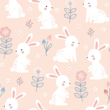 Playful cartoon bunny rabbits pattern. Seamless cartoon pattern with eater bunny and flower on pink background. Sweet repeat hand drawn fabric textile design for kids.