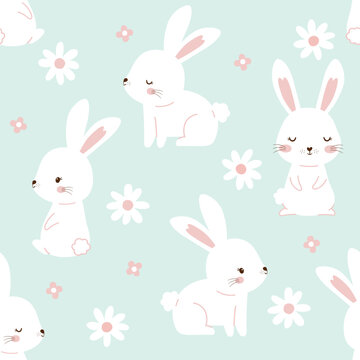 Happy Easter Day.Cute spring easter rabbit and daisy pattern design. Seamless bunny floral pattern for wrapping paper print and baby greeting card textile. 