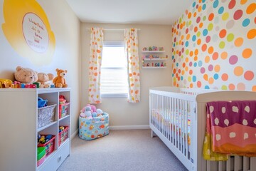 A colorful nursery with a crib, toys, and playful decor for a child's room.