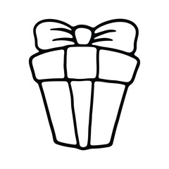 A black and white line art illustration of a gift box wrapped with a ribbon and bow.