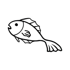 A minimalistic black and white outline of a fish, showcasing a stylized aquatic creature with a curved body, fins, and a large eye.