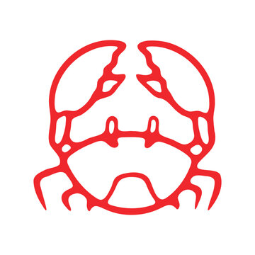 recommend clip art: A red outline drawing of a crab with stylized pincers and an expressive face.