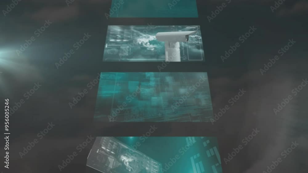 Poster network of connections and data processing animation over dark background