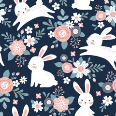 Cute cartoon Easter seamless bunny pattern. Repeat rabbit vector illustration for paper textile design.
