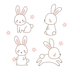 Cute cartoon bunny rabbit outline sketch vector illustration. Cute spring easter rabbit clipart set.