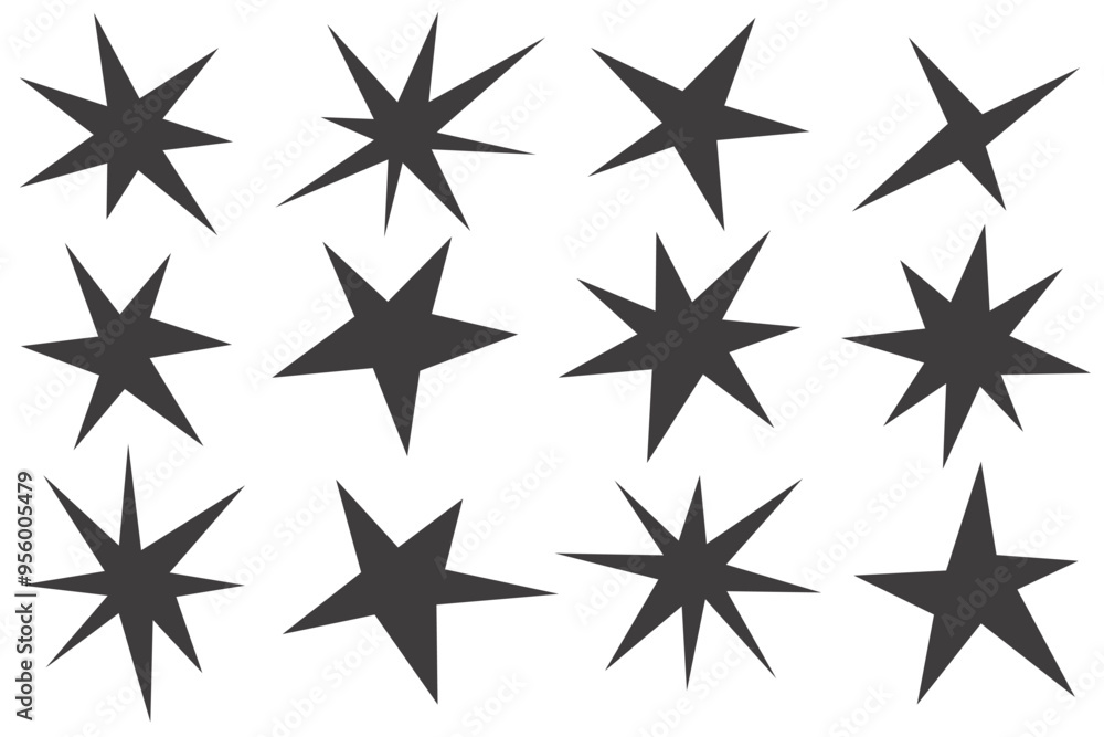 Poster star shapes icons. y2k abstract irregular shiny sparkles. flash sparks starburst graphic elements. t