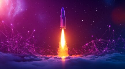 A powerful rocket blasts off into the cosmos, its fiery trail illuminating the dark sky. The rocket represents forward movement, ambition, and the pursuit of new horizons. The connected lines symboliz