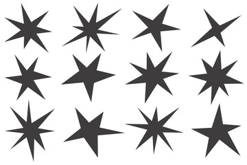Star shapes icons. Y2k abstract irregular shiny sparkles. Flash sparks starburst graphic elements. Twinkles stickers and random geometric figures on white background. Black minimal flat simple signs.