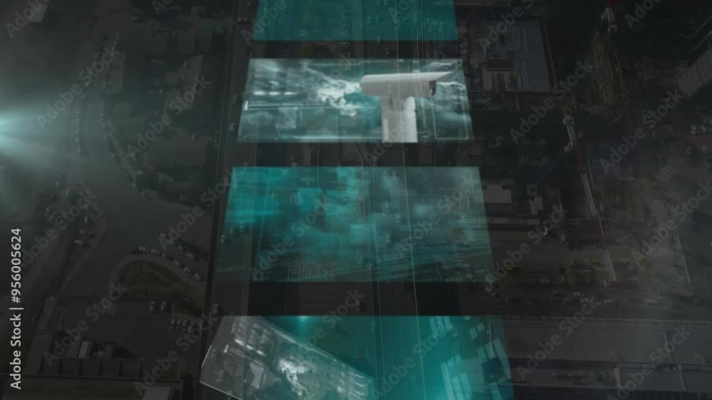 Poster network connections and data processing animation over aerial view of city