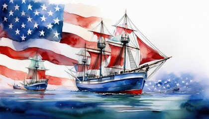 Sailing ships with American flag, celebrates of Columbus Day. watercolor illustration
