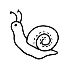 A playful black and white outline illustration of a snail with expressive eyes and a spiral shell. © kura