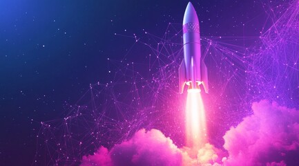 Naklejka premium A rocket blasts off into the sky, leaving a trail of vibrant digital connections behind it. This image symbolizes innovation, progress, and the power of technology to connect us all.