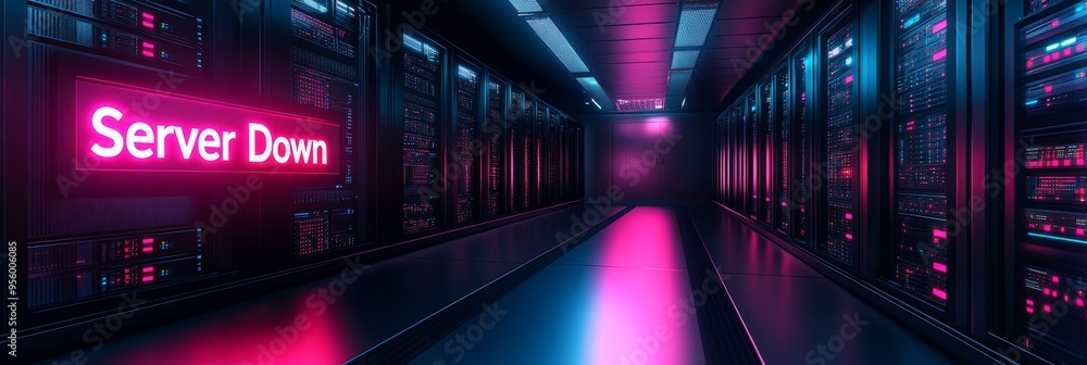 Aufkleber a server room with rows of servers, illuminated by pink and blue neon lights. a neon sign reads 