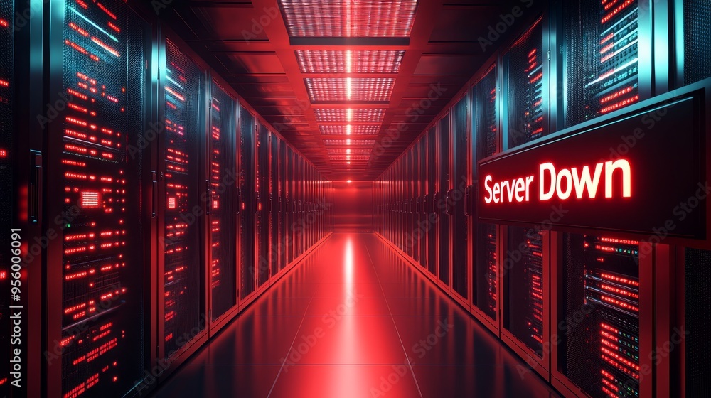 Poster a server room illuminated in red, with the message 