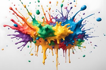 A splash of bright paint in rainbow colors splattered randomly across a white background, AI Generated
