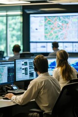 A team in a command center rapidly coordinating during a crisis. Monitors display real-time updates and strategies