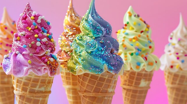 Edible glitter and rainbow sprinkles adorn colorful ice cream cones - Powered by Adobe